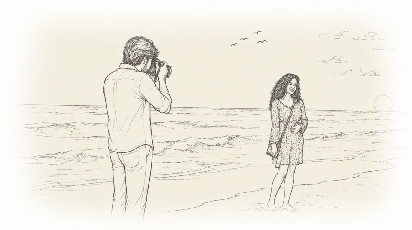 A pencil sketch of the moment it all began beside the waves.